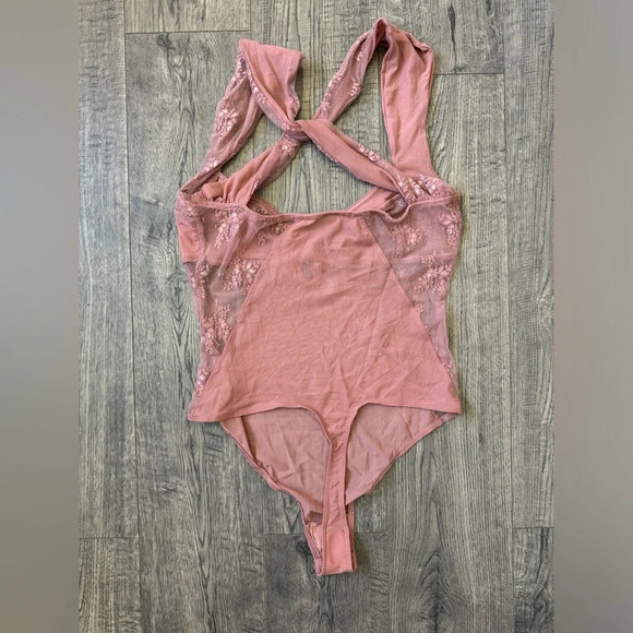 Free People Sheer Things Lace Trim Mesh Bodysuit In Smoke Rose - Picture 8 of 8